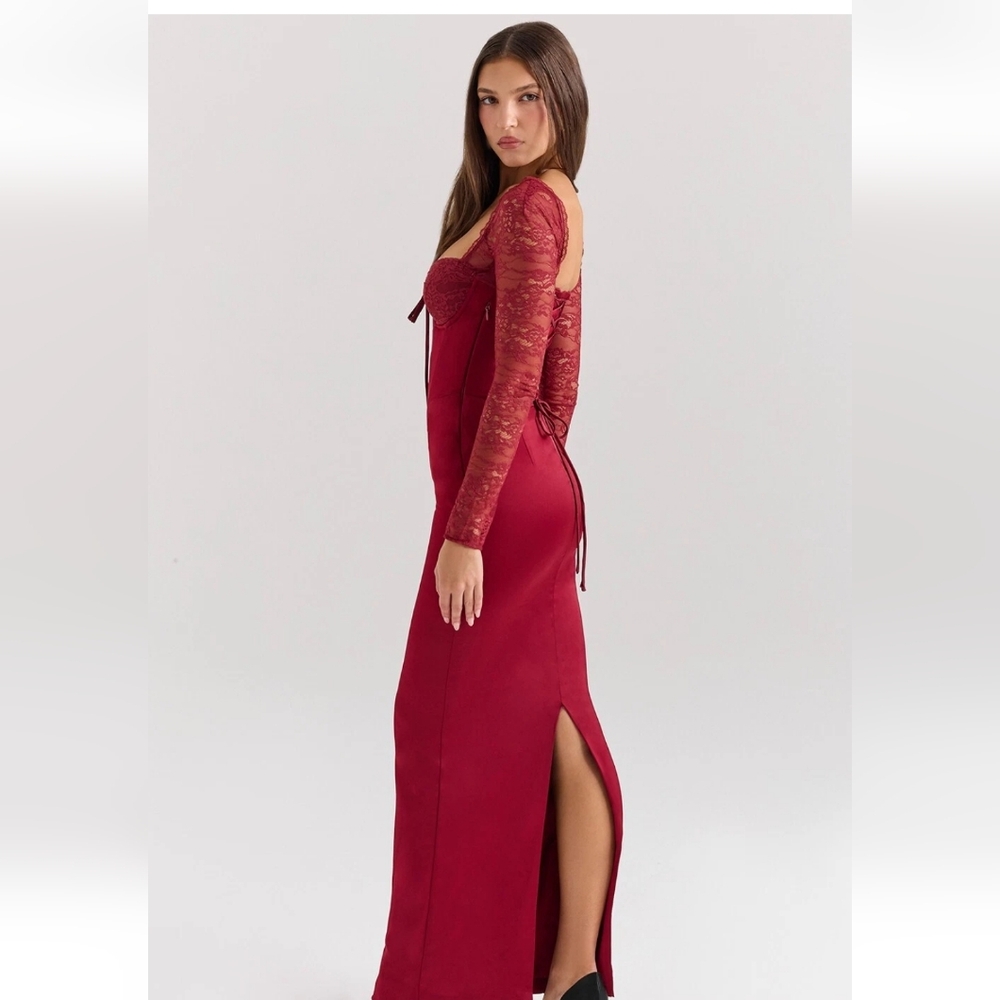 House Of CB Perdi Elegant Red Lace Long Sleeve Dress - Picture 2 of 10